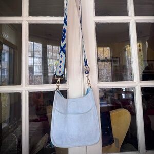 Ah-dorned powder blue suede crossbody bag / purse with colorful guitar strap EUC